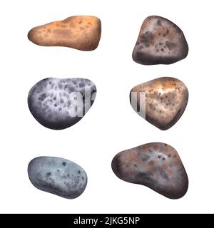 A set of colorful sea stones. Hand-painted in watercolor, isolated on a white background. For design, logo, decoration. Stock Photo