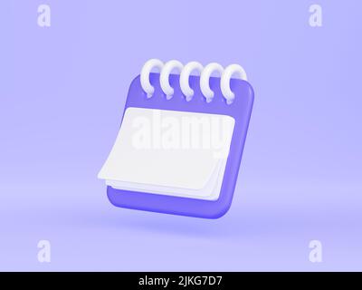 Calendar with 3d render illustration. Purple floating organizer with rings and empty space for text Stock Photo