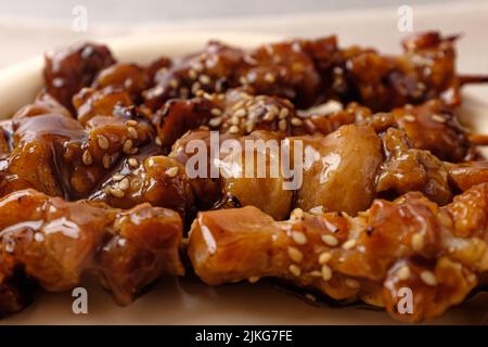 Chicken skewers with teriyaki sauce Stock Photo