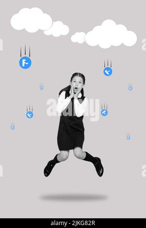 Vertical collage image of amazed unsatisfied girl black white colors arms touch cheeks painted clouds rain F- grades Stock Photo