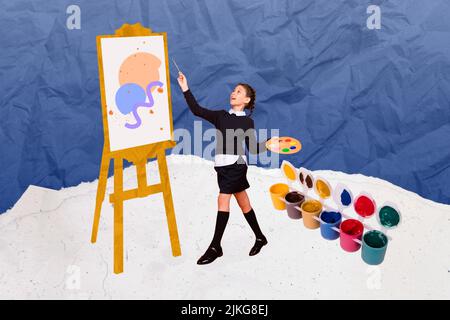 Creative retro 3d magazine image of surprised small child kid having art classes isolated drawing background Stock Photo