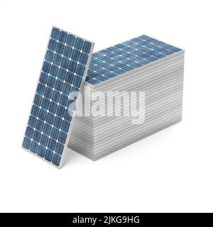 Many solar panels stacked on a white background, renewable energy concept, energy transition, 3d rendering Stock Photo