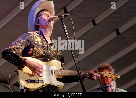 Kenny Vaughan performs with Marty Stuart (right) and his Fabulous Superlatives band during a Lakefest Fourth of July Celebration concert on Saturday, July 3, 2010 in Jamestown, Russell County, KY, USA. An Oklahoma native who grew up in Colorado, guitarist Vaughan has been a founding member of the Fabulous Superlatives since 2002, is a Colorado Country Music Hall of Fame inductee and received a Lifetime Achievement Award for Instrumentalists from the Americana Music Association in 2006. (Apex MediaWire Photo by Billy Suratt) Stock Photo