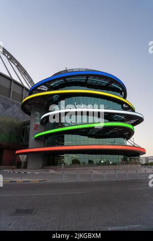 DOHA, QATAR - JUNE 27, 2022: 3-2-1 Qatar Olympic and Sports Museum is located in Khalifa International Stadium Doha, Qatar. Stock Photo