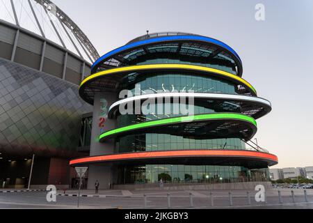 DOHA, QATAR - JUNE 27, 2022: 3-2-1 Qatar Olympic and Sports Museum is located in Khalifa International Stadium Doha, Qatar. Stock Photo