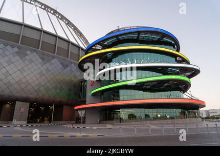 DOHA, QATAR - JUNE 27, 2022: 3-2-1 Qatar Olympic and Sports Museum is located in Khalifa International Stadium Doha, Qatar. Stock Photo