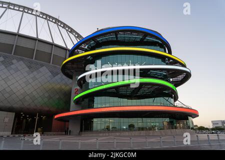 DOHA, QATAR - JUNE 27, 2022: 3-2-1 Qatar Olympic and Sports Museum is located in Khalifa International Stadium Doha, Qatar. Stock Photo