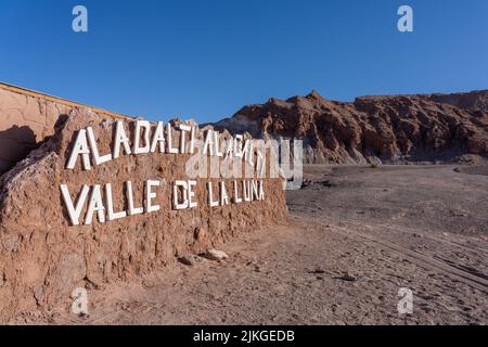 Sign at the visitors center at the entrance to the Valley of the Moon or Valle de Luna near San Pedro de Atacama, Chile. Stock Photo