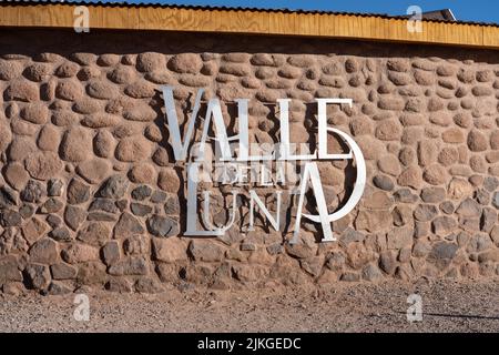 Sign on the visitors center at the entrance to the Valley of the Moon or Valle de Luna near San Pedro de Atacama, Chile. Stock Photo