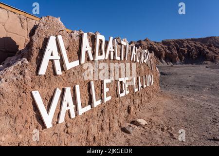 Sign at the visitors center at the entrance to the Valley of the Moon or Valle de Luna near San Pedro de Atacama, Chile. Stock Photo