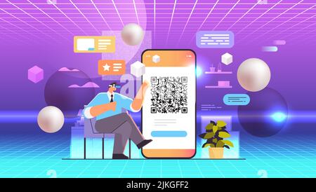 businessman in virtual reality glasses scanning QR code on smartphone screen readable barcode verification Stock Vector