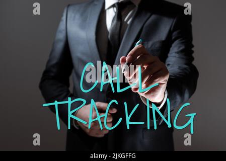 Hand writing sign Call Tracking. Business approach Organic search engine Digital advertising Conversion indicator Businessman Holding Pen And Stock Photo