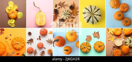 Collage of autumn compositions with pumpkins, cup of coffee and autumn leaves on color background, top view Stock Photo