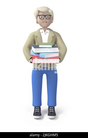 Librarian wearing glasses holding a stack of books - isolated 3d illustration Stock Photo