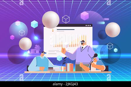 businesspeople in virtual reality glasses analyzing financial data on charts and graphs during conference meeting Stock Vector