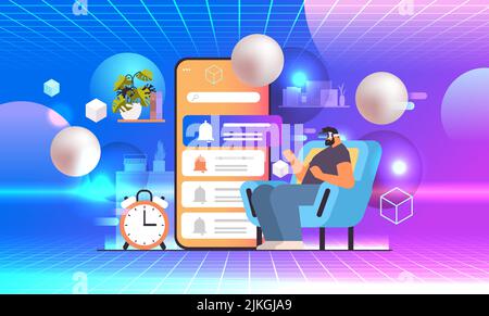 man in virtual reality glasses programming time reminder alarm on smartphone screen vr vision headset innovation metaverse Stock Vector