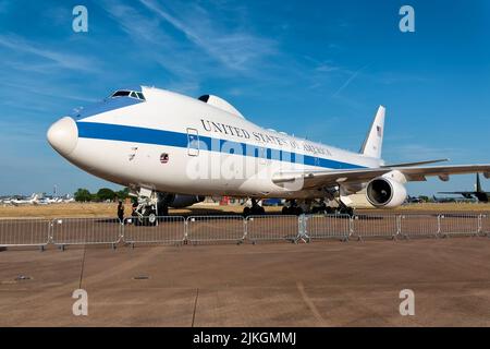RAF Fairford, Gloucestershire, UK - July 16 2022: USAF Boeing E-4B Advanced Airborne Command Post 'Nightwatch' Strategic Command and Control Aircraft Stock Photo