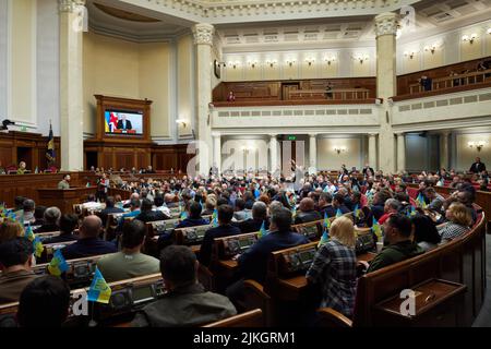 KYIV, UKRAINE - 03 May 2022 - The President of Ukraine Volodymyr Zelenskyy in the Verkhovna Rada ( Supreme Council of Ukraine ), Kyiv, Ukraine. In the Stock Photo