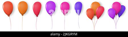 Set of colored balloons with highlights and shadows on rope isolated on white background. Bundles of three balloons. Vector illustration. Stock Vector