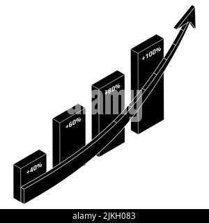Chart and upward arrow isometric silhouette isolated on white ...