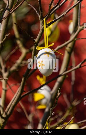 A beautiful shot of a decorative Easter egg hanging on a tree branch Stock Photo