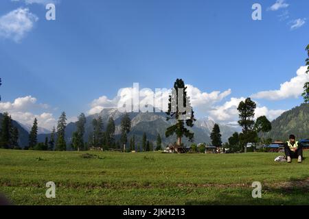 A view of a male sitting on the grass on the background of trees and mountains in Kashmir, Pakistan Stock Photo