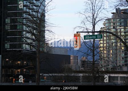 The traffic lights in downtown Vancouver. British Columbia, Canada Stock Photo