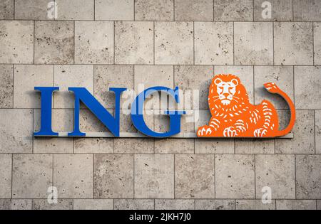 Amsterdam, North Holland, The Netherlands, 30.07.2022, Logo of ING Group, a dutch multinational banking and financial services corporation headquarter Stock Photo