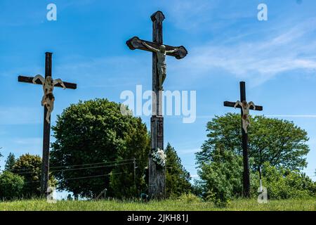 Holic, Slovakia - June 18, 2022 Calvary Three Crosses of the Crucifixion of Christ in Holic Stock Photo