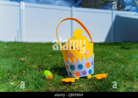 A closeup of a hatched chick easter basket on a lawn Stock Photo