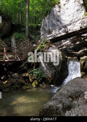 A vertical shot of small wooden bridge over small stream flowing through moss-covered rocks Stock Photo