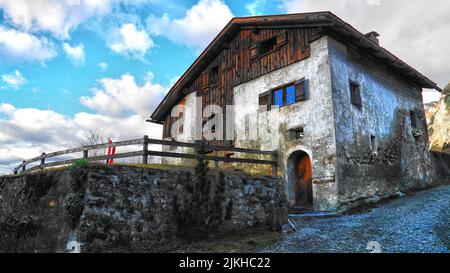 A low-angle shot of Heidi's old house in Heidi Village, Maienfeld, Switzerland Stock Photo