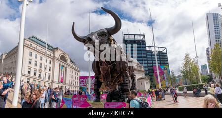 10 mtr high Mechanical Bull, the centrepiece of Commonwealth Games 2022 opening ceremony. Now on display at Centenary Square in Birmingham. Stock Photo