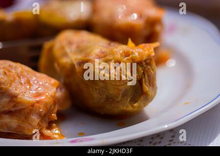 A close-up shot of cabbage rolls with beef, traditional Romanian food Stock Photo