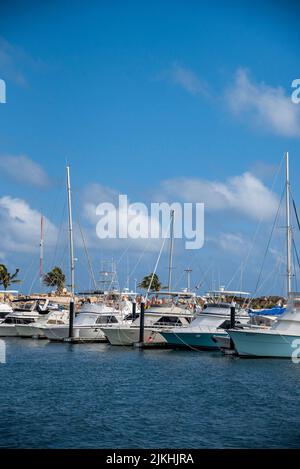 A vertical shot of boats parked at a harbor in Cancun, Mexico Stock Photo