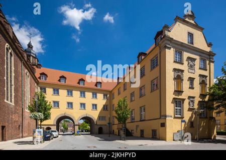 Germany, Coesfeld, Berkel, Baumberge, Muensterland, Westphalia, North Rhine-Westphalia, Protestant parish church, formerly Jesuit church St. Ignatius of the College, high school church, Gymnasium Nepomucenum, behind the city castle Coesfeld also called Liebfrauenburg Stock Photo