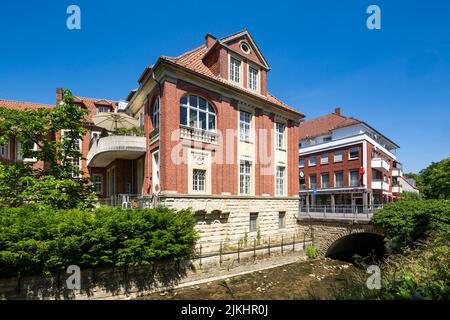 Germany, Coesfeld, Berkel, Baumberge, Muensterland, Westphalia, North Rhine-Westphalia, residential and commercial building Jakobsring 1 at the Berkel floodplain, brick building Stock Photo