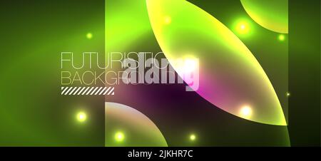Abstract background with neon glowing light effects. Round shapes, triangles and circles. Wallpaper for concept of AI technology, blockchain, communic Stock Vector