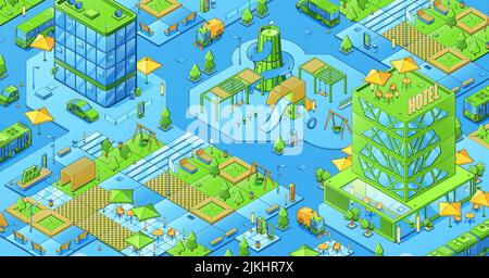 Isometric city map, modern town with eco park, kids playground, hotel and office buildings. Vector illustration of city district, urban architecture and vehicles on streets Stock Vector