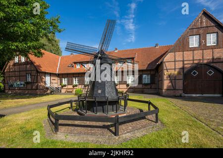 Germany, Coesfeld, Coesfeld-Lette, Berkel, Baumberge, Muensterland, Westphalia, North Rhine-Westphalia, home house, half-timbered house, Lette museum of local history, model of a windmill Stock Photo