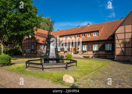 Germany, Coesfeld, Coesfeld-Lette, Berkel, Baumberge, Muensterland, Westphalia, North Rhine-Westphalia, home house, half-timbered house, Lette museum of local history, model of a windmill Stock Photo