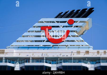 Corfu Town, Corfu, Greece - TUI cruise ship Marella Explorer is moored in the port of Corfu. The 262 meter long ship has a mass of 9, 900 tons. Stock Photo