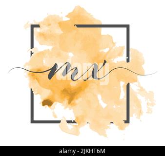 Calligraphic lowercase letters M and X are written in a solid line on a colored background in a frame Stock Vector