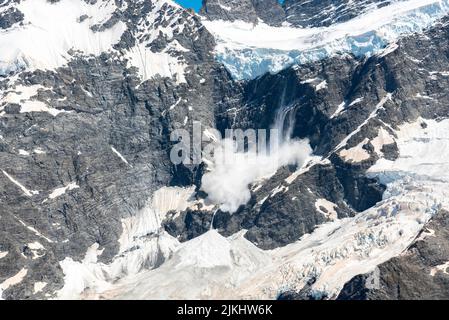 Detail picture of an avalanche starting at Mount Sefton, Mount Cook National Park, South Island of New Zealand Stock Photo