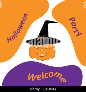 Pumpkin in witch hat on a background of colored spots with an inscription Halloween Party Welcome. Template for lettering, invitations, background for web, poster, card, brochure, flyers. Stock Vector
