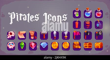 Pirate icons with treasure chest, skull, gold coins, swords and bottles. Vector cartoon set of game objects, old map, scroll, black flags, gemstones, bomb and dynamite isolated on background Stock Vector