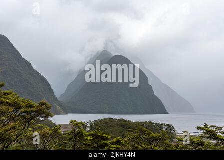 Magnificent panoramic view of Milford Sound during rainy weather, South Island of New Zealand Stock Photo