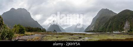 Magnificent panoramic view of Milford Sound during rainy weather, South Island of New Zealand Stock Photo