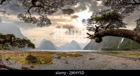 Magnificent panoramic view of Milford Sound during rainy weather, South Island of New Zealand Stock Photo