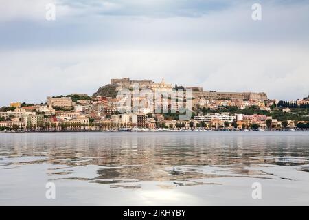 An image of a view to Milazzo Sicily Italy with castle from sea Stock Photo